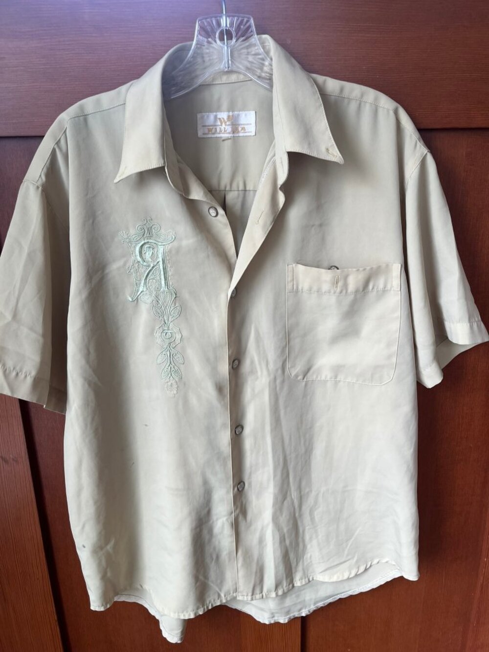 Vintage Men's Embroidered Beige Shirt Bowling Retro Ecletic Grandpa Size L/XL